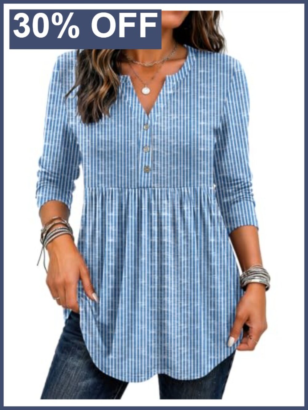 Women Long Sleeve Henley Vneck Pleated Tunic Boho Top